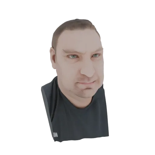 3D model render of a realistic man's head and shoulders, facing slightly to the right, with blue eyes and wearing a dark t-sh