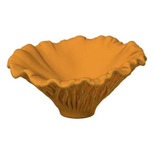 A 3D render of a beige-colored trumpet mushroom with wavy edges and detailed gills, isolated on a black background.