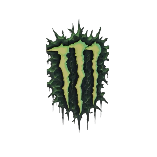 3D model of the Monster Energy logo with its iconic claw marks and a spiky, dark green border, set against a white background