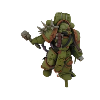 3D-Modell eines Nurgle Plague Marines aus Warhammer 40,000, der eine Seuchenflegel-Waffe hält, mit grüner Rüstung und braunen