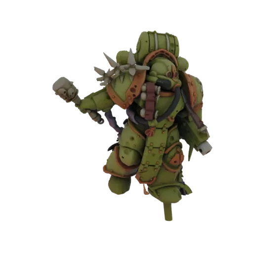 Modèle 3D d'un Marine de la Peste de Nurgle de Warhammer 40,000, tenant une arme fléau de pestilence, avec une armure verte e