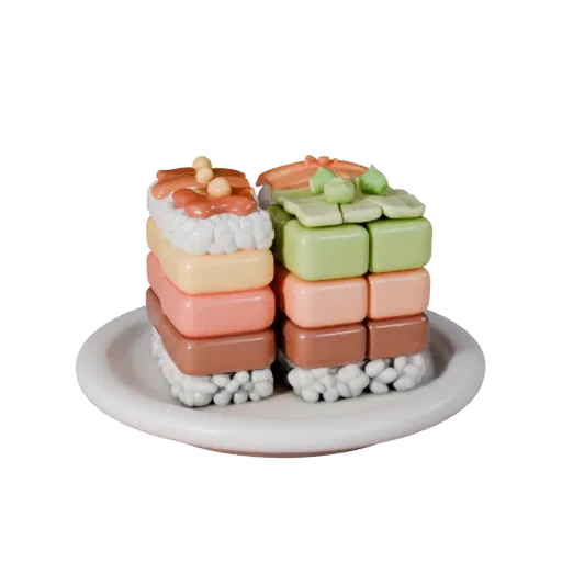 Restaurant Sushi Set 3D model, three-quarter front view, AR viewer studio render, showing sauces, plated composition.
