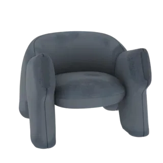 A 3D model of a dark gray plush armchair with a rounded, inviting silhouette and soft, velvety texture, shown against a white