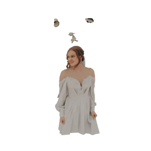3D model of a bride in a white off-the-shoulder gown with falling white petals around her.