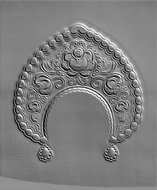 3D model of a Russian style bas-relief with floral ornament, edge beads, and droplet pendants.