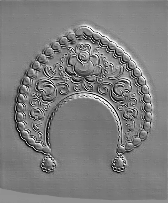 Modèle 3D de bas-relief style russe avec ornement floral, perles de bordure et pendentifs en forme de goutte.
