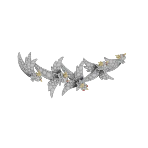 A 3D render of an Art Nouveau-style brooch shaped like a bird, with intricate feather details and small yellow and red gemsto