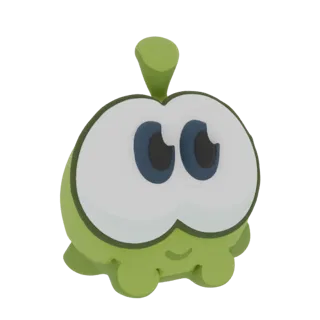 Modelo 3D de Om Nom, o personagem sapo verde com grandes olhos brancos e um pequeno sorriso, contra um fundo branco.