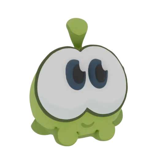 Modèle 3D d'Om Nom, le personnage grenouille verte avec de grands yeux blancs et un petit sourire, sur fond blanc.