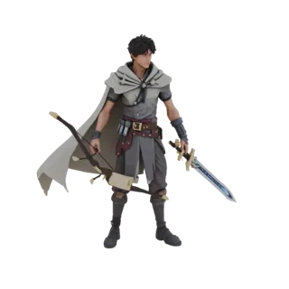 3D-Modell eines stilisierten männlichen Dark Fantasy Kriegers mit leichtem Umhang, der in der linken Hand einen Bogen und in