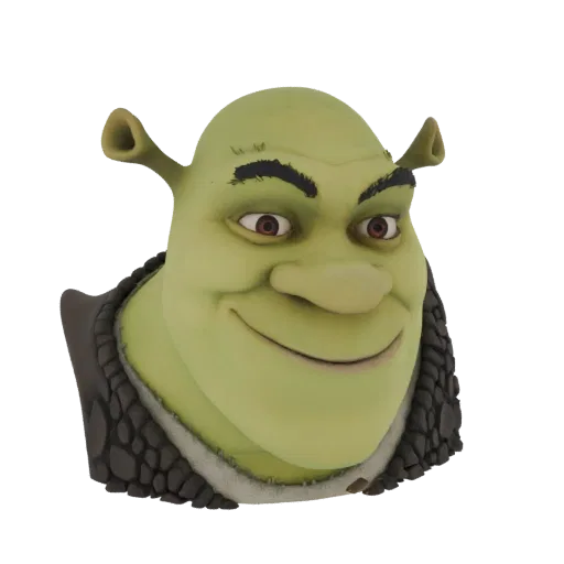 Busto modelo 3D de Shrek, el ogro verde, con una gran sonrisa y orejas características.
