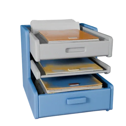 Corporate File Tray High Poly 3D model, close-up studio render, showing plastic, desk-scale silhouettes.