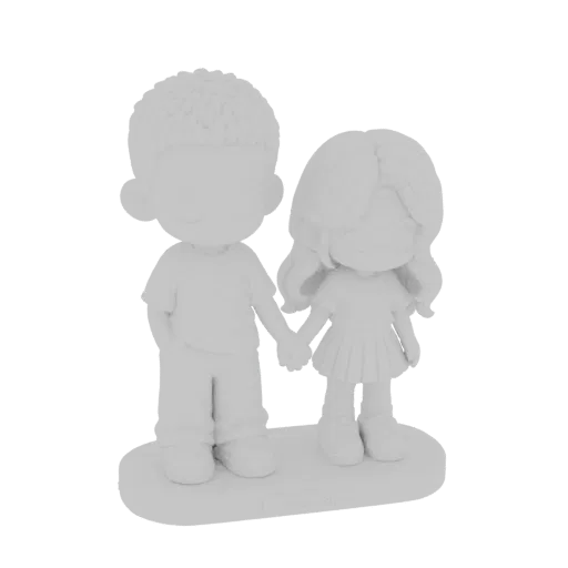 3D model of a cute chibi boy and girl holding hands, standing on a base, with stylized proportions.