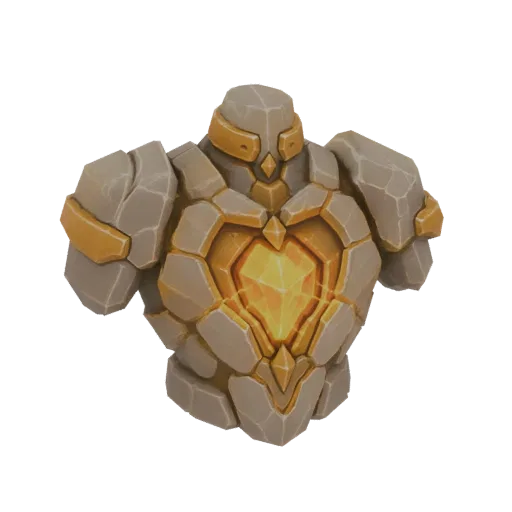 3D model of a golem's chest armor, made of stone and gold with a glowing yellow crystal heart.