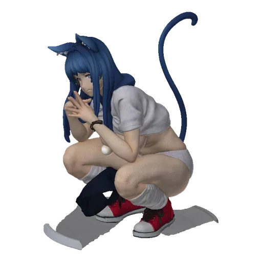 3D model of a blue-haired anime girl with cat ears, crouching with a playful expression, wearing a t-shirt and shorts.