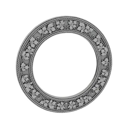 A 3D render of a circular frame with an ornate grapevine and leaf pattern, set against a white background.