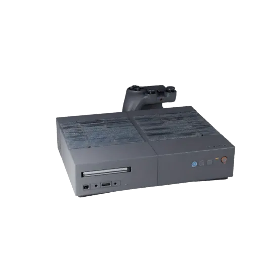 Next Gen Game Console 3D model, three-quarter front view, AR viewer studio render, showing matte plastic, form detail.