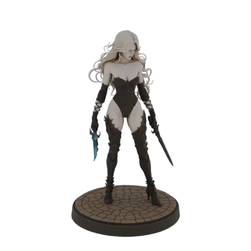 3D model of a dark fantasy female warrior with white hair, wearing dark armor and holding two swords, standing on a cobblestone base.