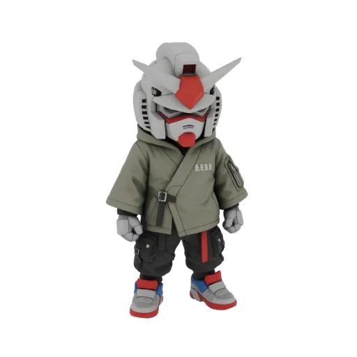 3D model of a chibi Gundam character wearing a green jacket, black cargo pants, and sneakers, with a black background.