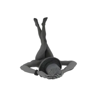 Modelo 3D de mujer tumbada con piernas cruzadas, con sombrero de sol, sobre fondo blanco.