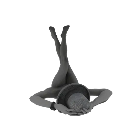 3D-Modell einer Frau, die mit gekreuzten Beinen liegt und einen Sonnenhut trägt, vor weißem Hintergrund.