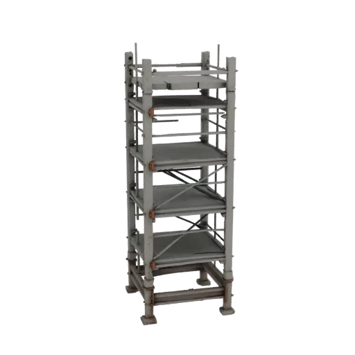 Échafaudage de chantier Modèle 3D imprimable, rendu STL isométrique, montrant béton, silhouettes prêtes pour le site.