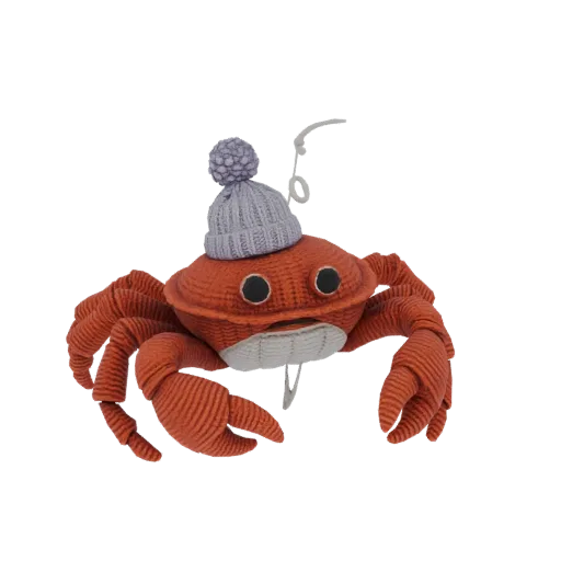 3D model of a knitted orange crab wearing a light blue beanie with a pom-pom, against a black background.