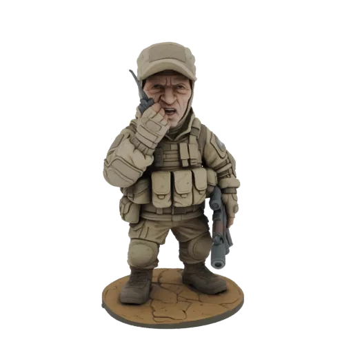 3D model of a chibi soldier in tactical gear, holding a radio to their mouth, with a rifle on their shoulder, on a cracked ea