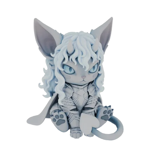 Modelo 3D de un lindo gatito chibi guerrero con ojos azules, cabello blanco rizado, cuernos y armadura detallada, sentado.