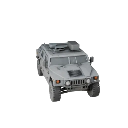 Modelo 3D Humvee Low Poly, viewport de jogo em três quartos, asset de veículo low-poly com massas de blindagem, postura robus