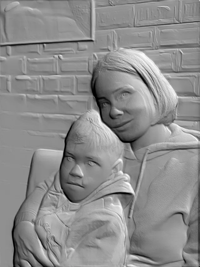 3D model of "Mother and Child" bas-relief in relief sculpture style, depicting a woman gently embracing a child.