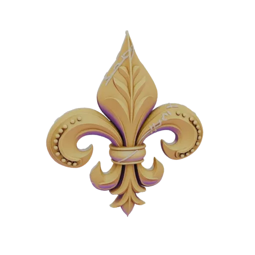 Un rendering 3D di un giglio dorato con accenti viola, che mostra dettagli intricati e un design regale.