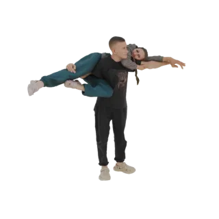 Modelo 3D de um homem carregando uma mulher em um abraço romântico, contra um fundo branco.
