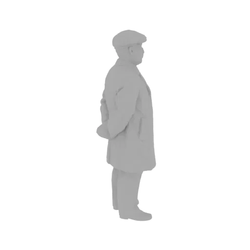 3D model of a man wearing a cap and a demiseasonal coat, standing with hands clasped behind his back, viewed from the side.