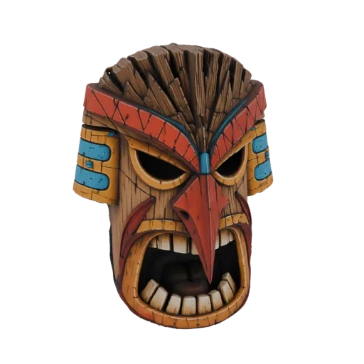 Modelo 3D de una máscara Tiki feroz con boca abierta, dientes serrados y pintura tribal inspirada en rojo, amarillo y azul.