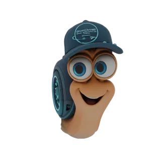 3D Modell von Turbo der Schnecke mit blauer Baseball Cap, großen blauen Augen und breitem Lächeln.