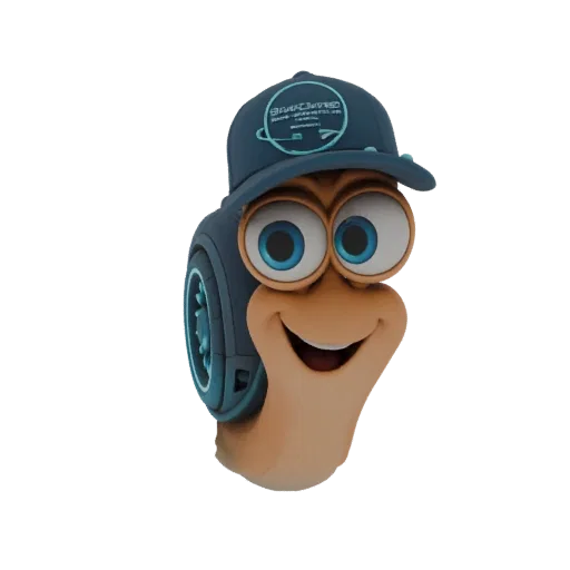 Modelo 3D do caracol Turbo usando um boné de baseball azul, com grandes olhos azuis e um sorriso largo.