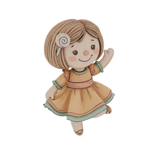 3D model of a cute girl with brown hair, wearing a peach dress, holding a colorful lollipop, with a cheerful expression.