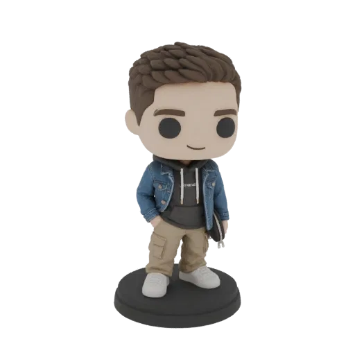 3D model of a stylized skater boy figurine wearing a denim jacket, hoodie, and cargo pants, holding a skateboard.