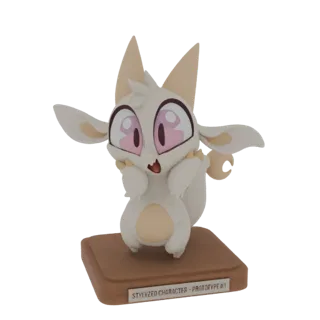 3D render of a stylized white fennec fox character prototype with large pink eyes, standing on a wooden base.