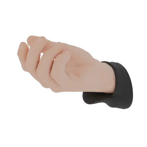 A 3D render of a realistic human hand with detailed skin texture, emerging from a black sleeve.