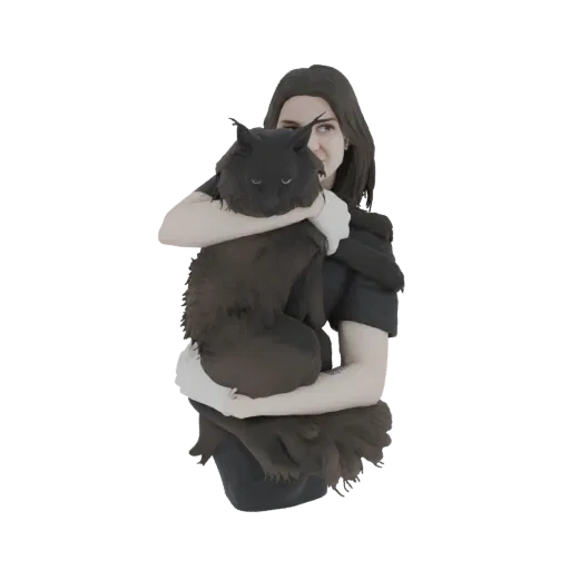 3D model of a person holding a fluffy black cat, with the cat looking towards the viewer.