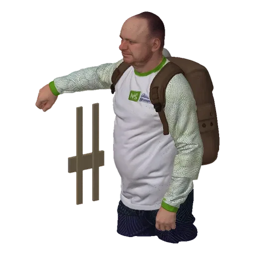 3D model of a man with a backpack and walking stick, rendered against a black background.