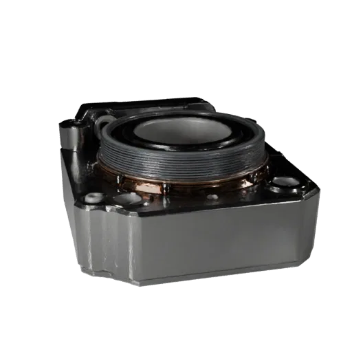 Cast Metal Bearing Block Stylized 3D model, stylized isometric render, showing machined metal, precise part geometry.