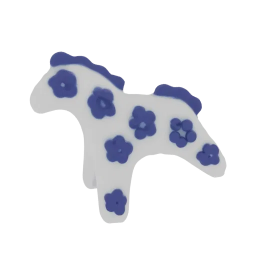 3D model of a white horse figurine with blue floral patterns, shown from a side view.