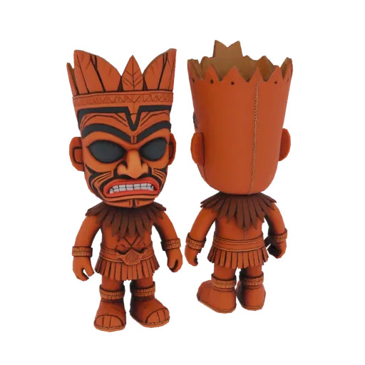 3D model of an orange tiki idol with a fierce face, feathered headdress, and traditional attire, shown from front and back.