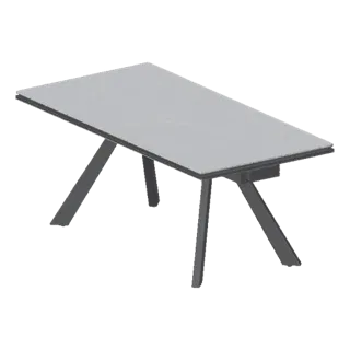 A 3D render of a modern rectangular dining table with a light gray surface and angled gray legs, set against a black backgrou