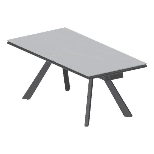 A 3D render of a modern rectangular dining table with a light gray surface and angled gray legs, set against a black backgrou
