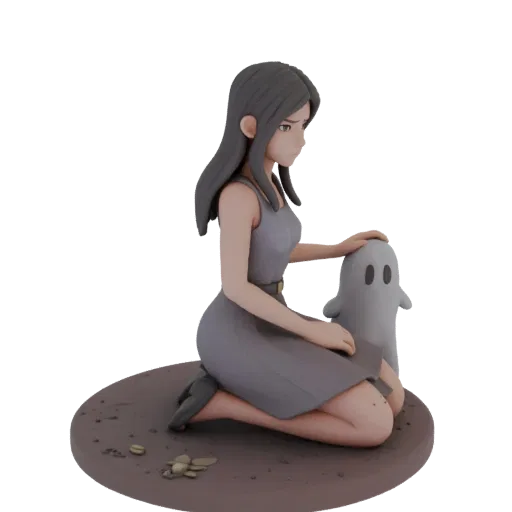 Modelo 3D de uma garota sentada de joelhos e acariciando um pequeno monstro, com moedas em um pedestal.