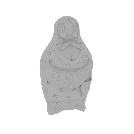 3D model of a Matryoshka doll with detailed folk art patterns, presented in a neutral, unpainted finish.